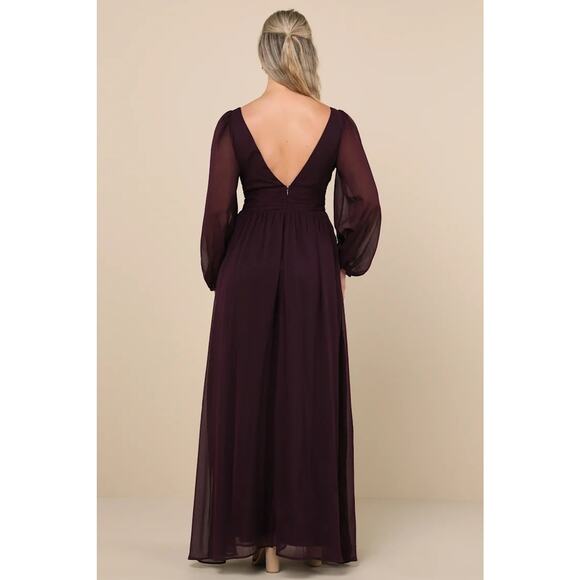 Lulu's Maxi Dress L Enchant My Love Dark Purple V-Neck Long Sleeve Wine Burgundy - Picture 4 of 12